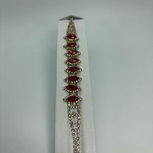 Red And Clear Crystal Rhinestone Marquise Tennis Gold Tone Bracelet